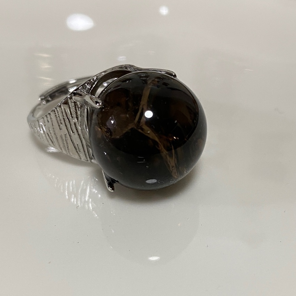 Smoky Quartz Sphere Statement Ring – Textured Silver Orb Crystal Ring